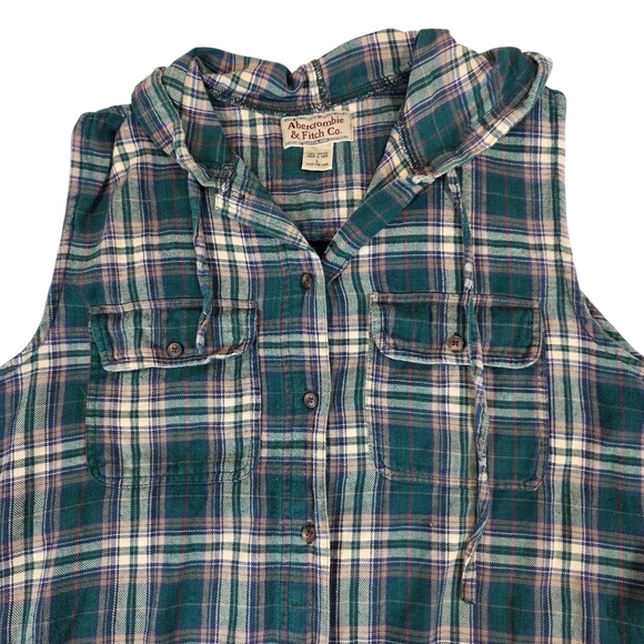 VINTAGE ABERCROMBIE & FITCH Sleeveless Plaid Hooded Flannel Shirt | L | Grunge - Picture 4 of 14